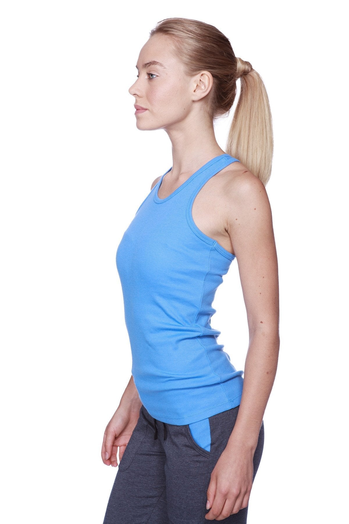A vibrant ice blue ribbed women’s all-american racerback tank top with scoop neckline and side seam detail