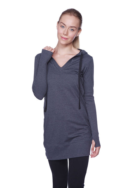 Women’s long body hoodie top in charcoal with black featuring a dark gray v-neck long-sleeved hooded tunic