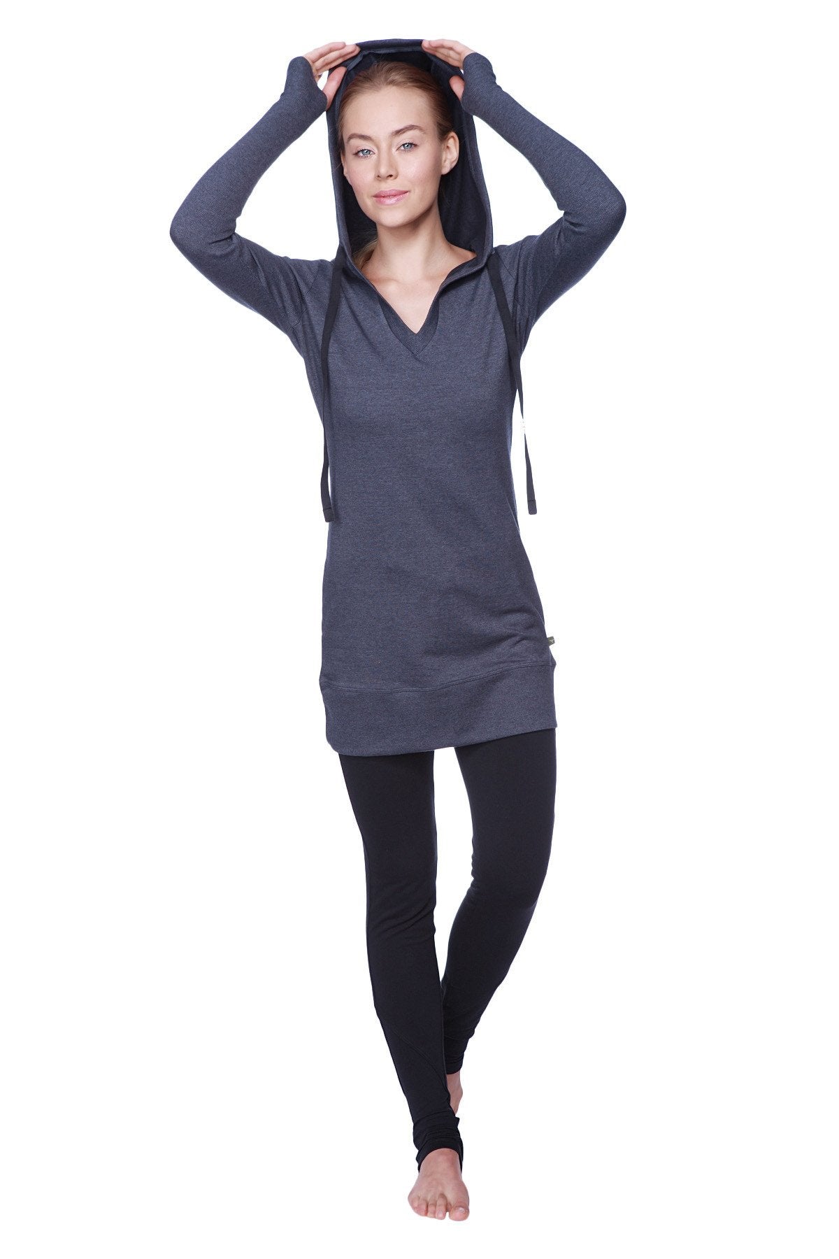 A dark gray long-sleeved hooded tunic with v-neck and drawstrings women’s long body hoodie top charcoal w black
