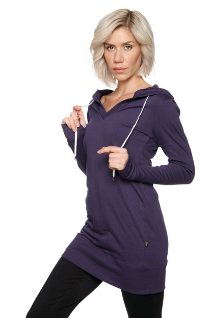 Women’s long body hoodie top in eggplant purple with white drawstrings and a front pocket in soft fabric