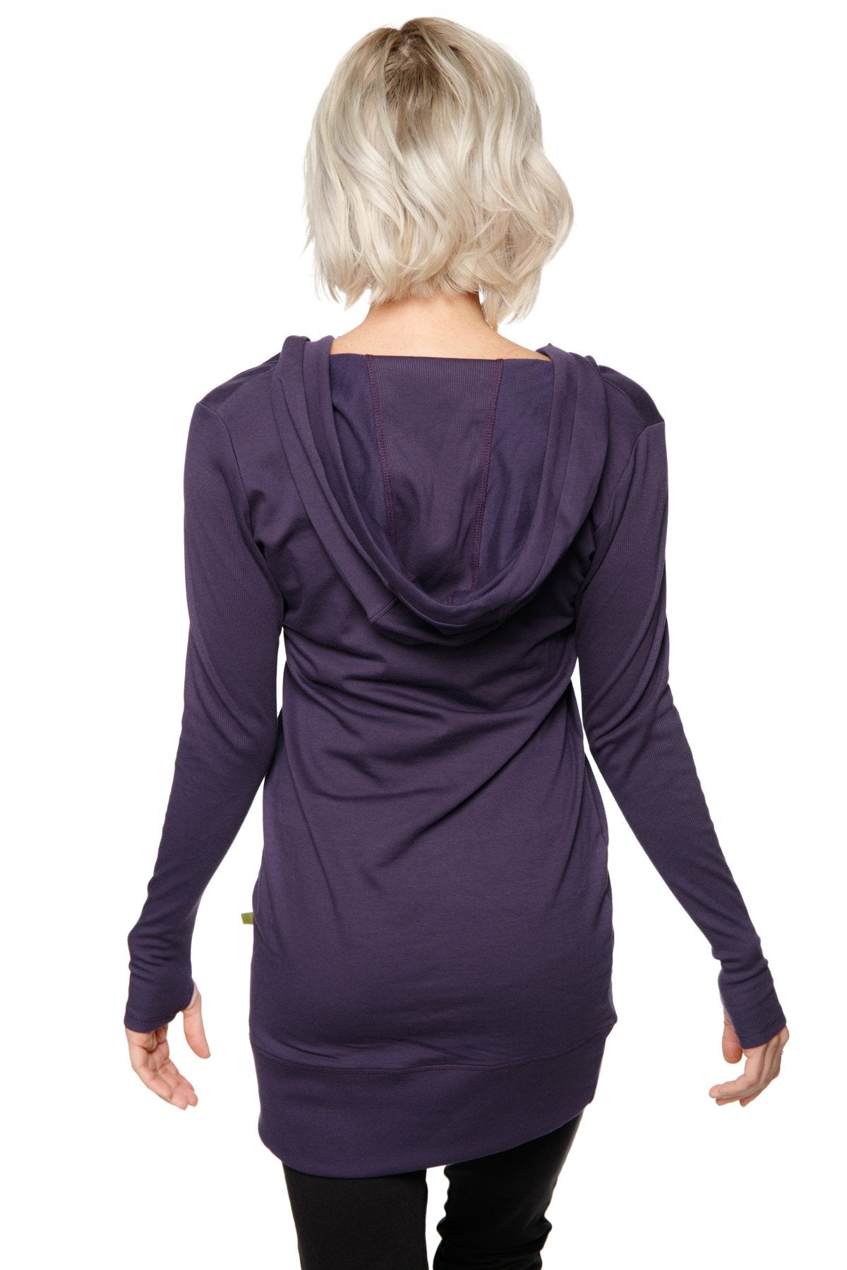 Women’s long body hoodie top in eggplant purple with long sleeves and relaxed draped silhouette