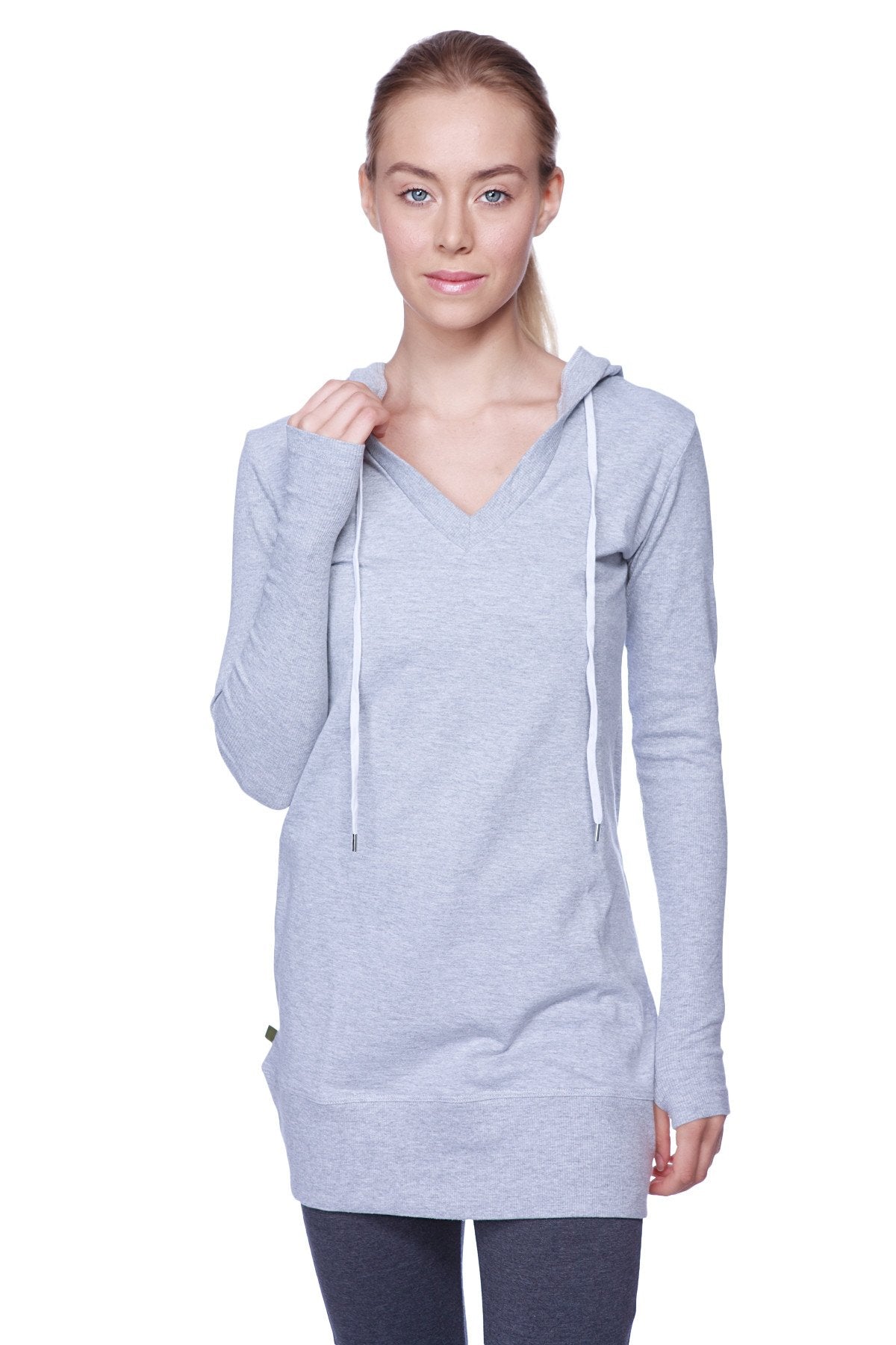 Women’s long body hoodie top heather grey with charcoal light gray heathered long-sleeved v-neck and white drawstrings