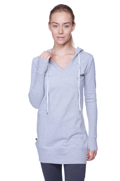Women’s long body hoodie top heather grey with charcoal light gray heathered long-sleeved v-neck and white drawstrings