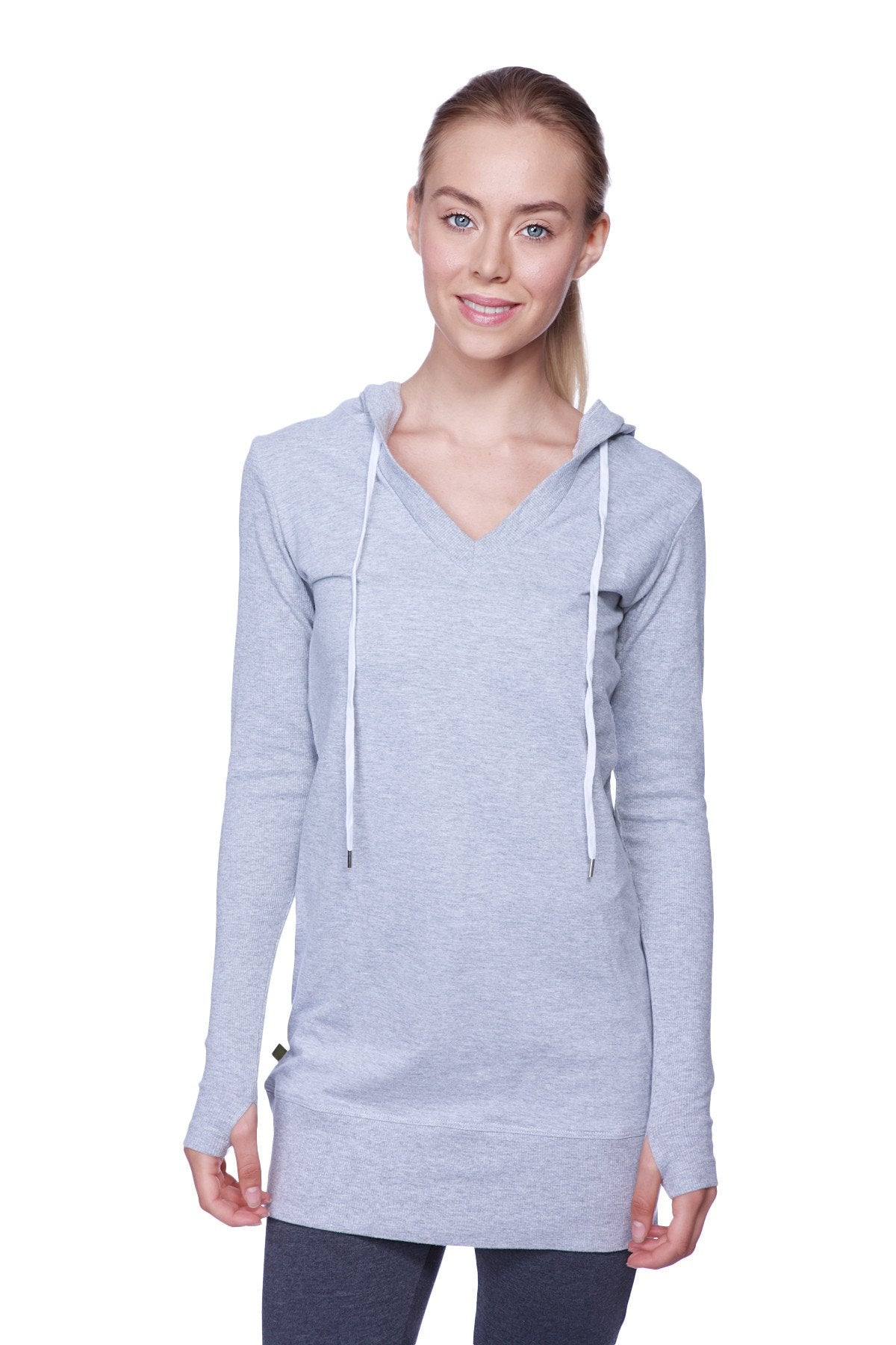 Women’s long body hoodie top in heather grey with charcoal detail featuring a v-neck and white drawstrings