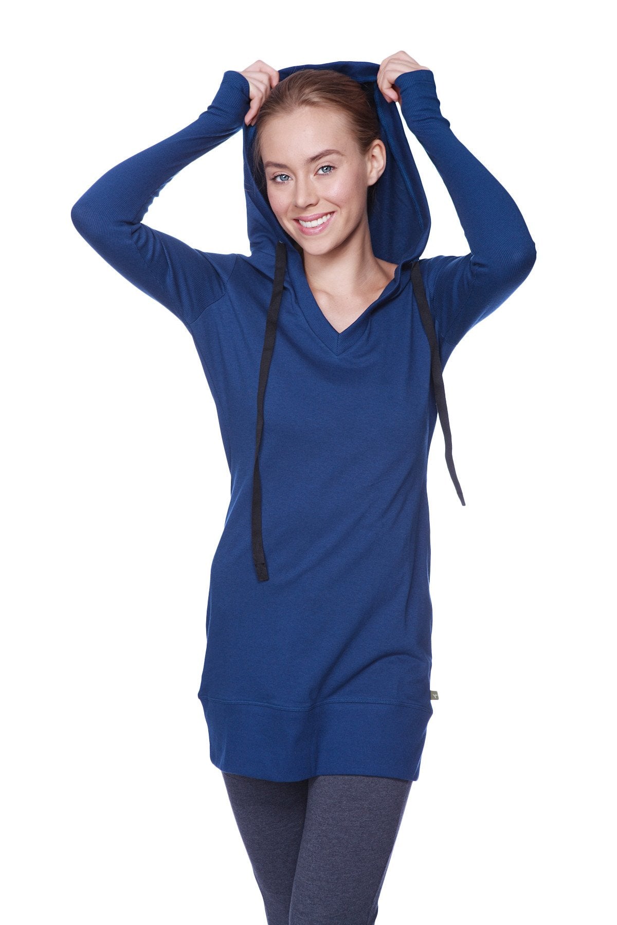 A navy blue long-sleeved hooded tunic with v-neckline and black drawstrings for women