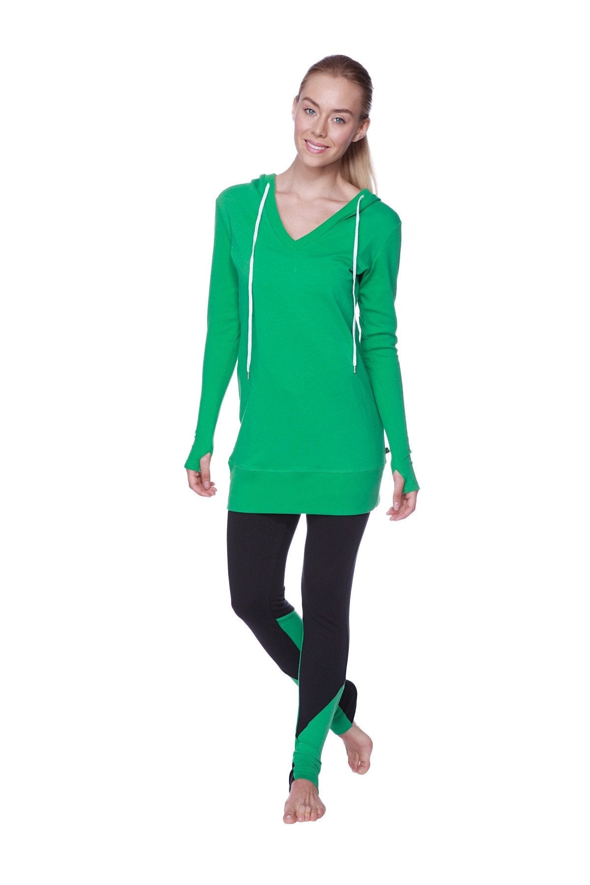 A vibrant solid bamboo green women’s long body hoodie top with long sleeves white drawstrings and v neck