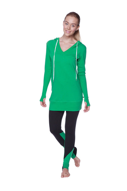 A vibrant solid bamboo green women’s long body hoodie top with long sleeves white drawstrings and v neck