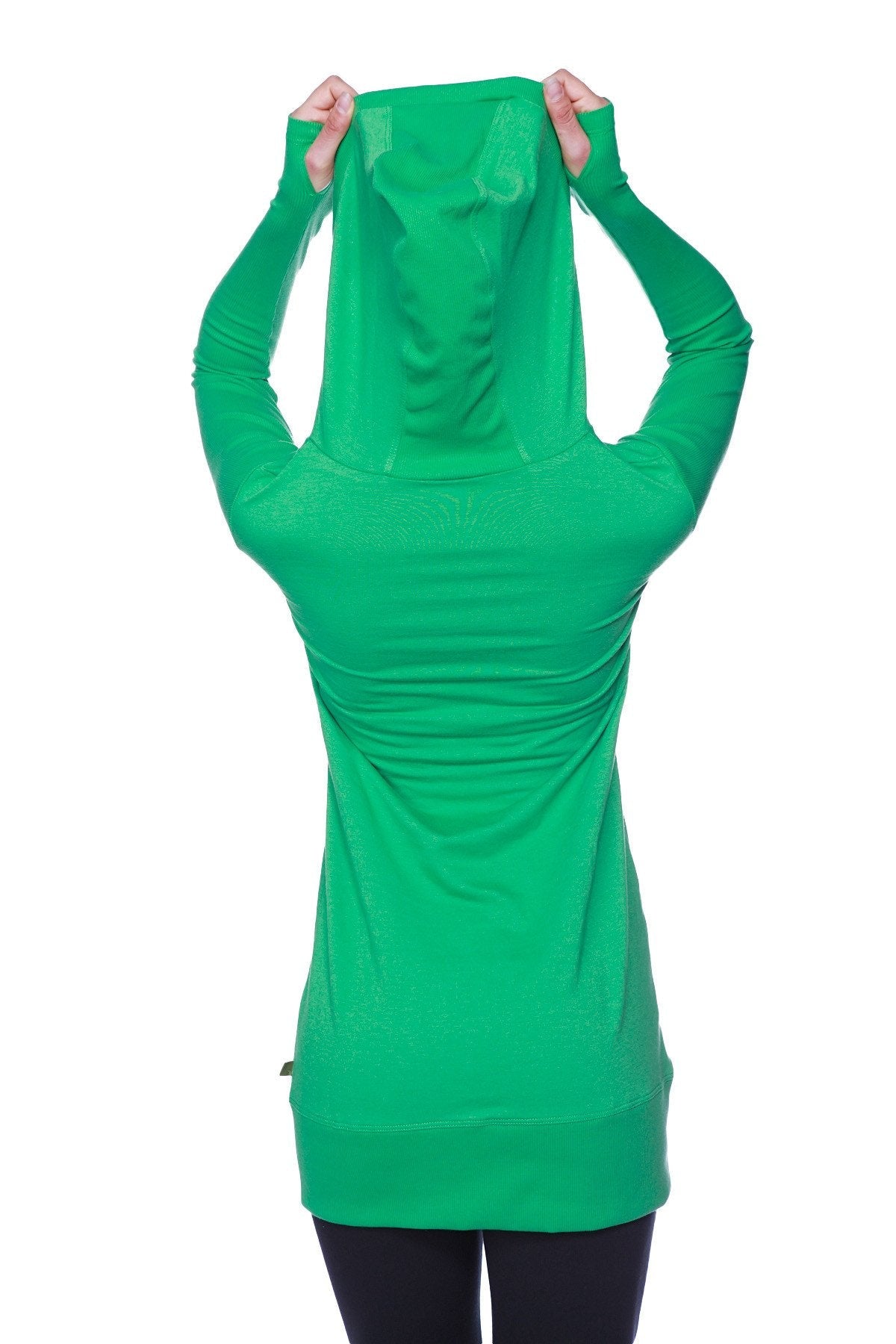 Women’s long body hoodie top in solid bamboo green with ribbed cuffs and fitted silhouette in vibrant green color