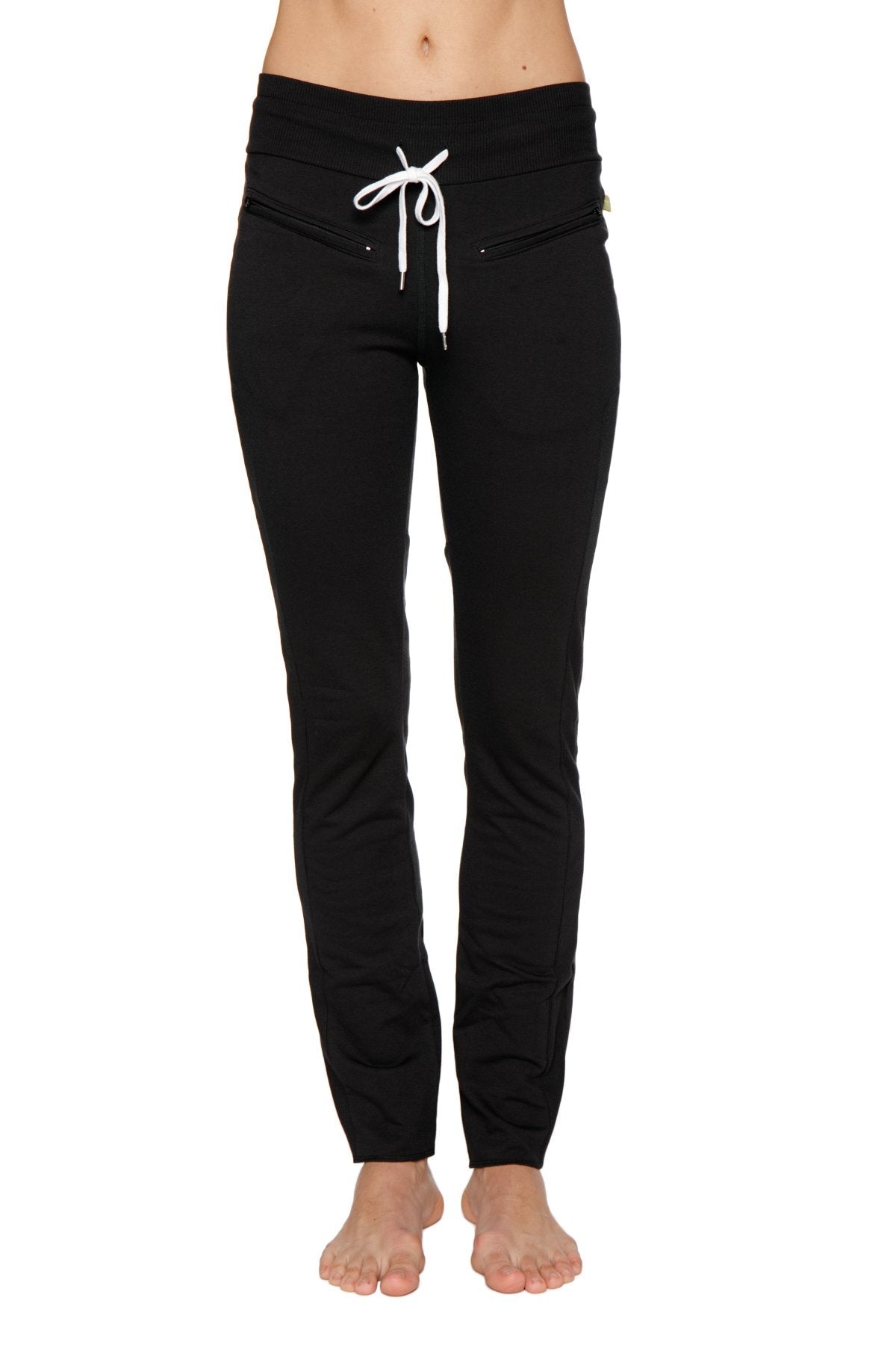 Women’s organic boyfriend yoga training pant in black high waisted fabric with white drawstring ties at the waist