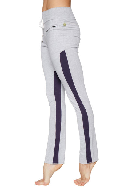 Women’s organic boyfriend yoga training pant in gray and navy with high waist side pockets and drawstring detailing