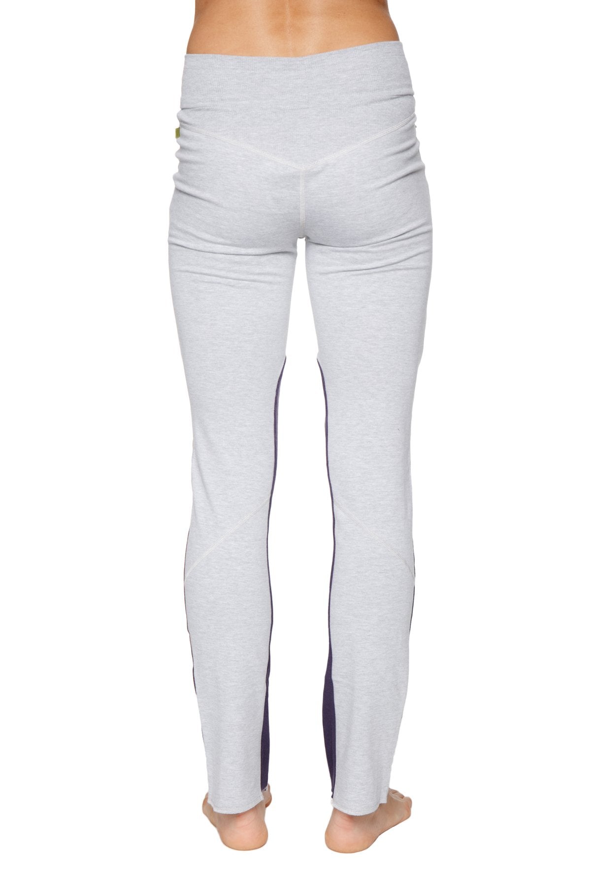 Women’s organic boyfriend yoga training pant with light gray high-waisted leggings and dark blue side panels