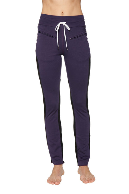 Women’s organic boyfriend yoga training pant in navy blue with black side panels and white drawstring waistband