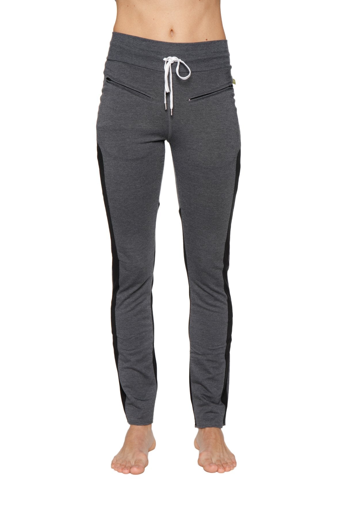 Women’s organic boyfriend yoga training pant gray with black side stripes and white drawstring waistband