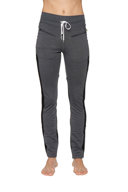 Women’s organic boyfriend yoga training pant gray with black side stripes and white drawstring waistband