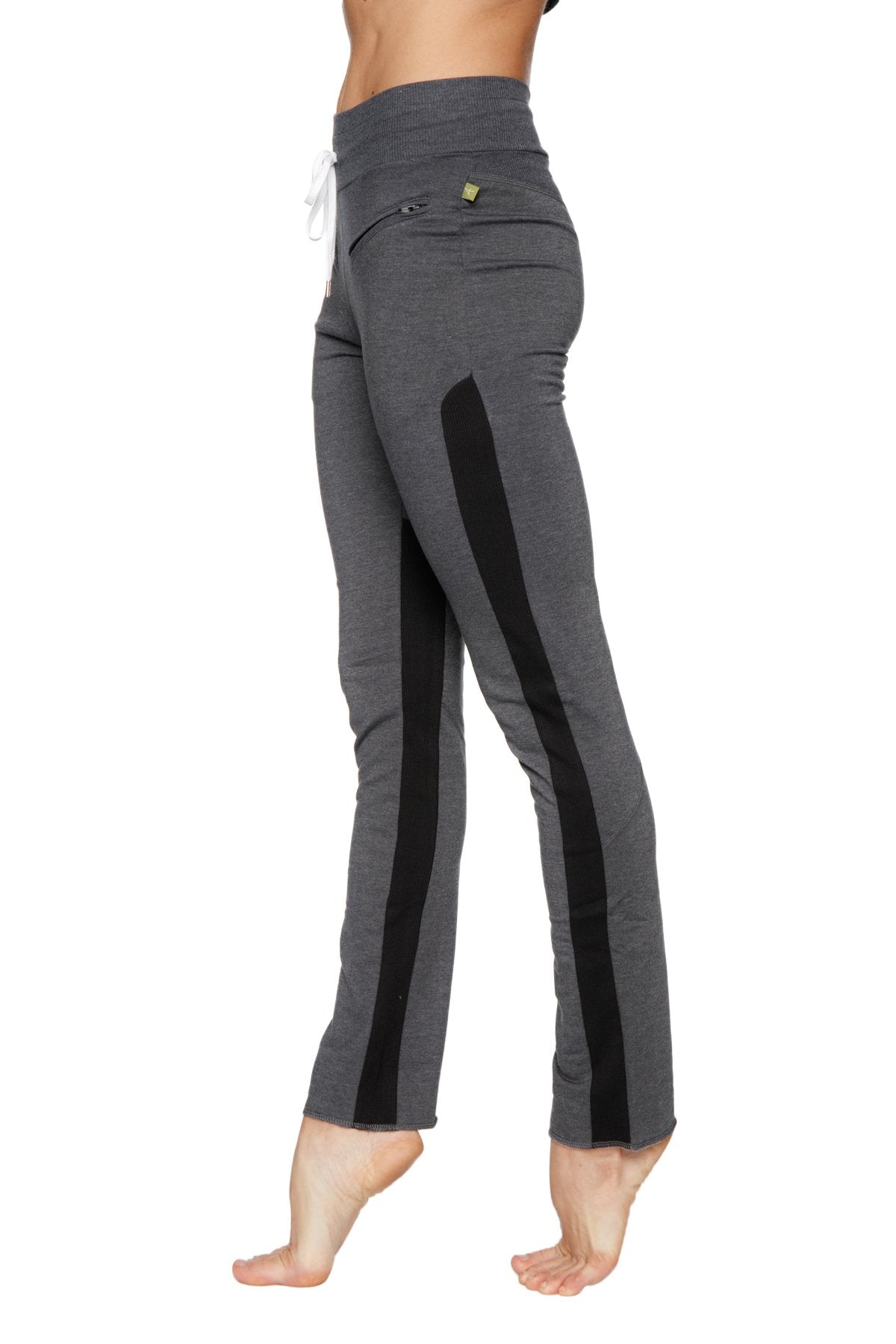 Women’s organic boyfriend yoga training pant in gray with black side panels and white drawstring waistband
