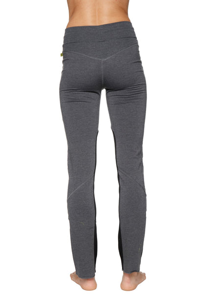 Women’s organic boyfriend yoga training pant in dark gray with subtle textured fabric and black side panels