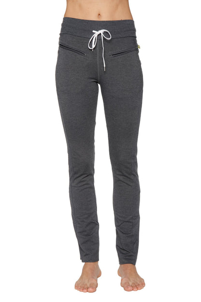 Women organic boyfriend yoga training pant in dark gray soft fabric with white drawstring and two front zippered pockets