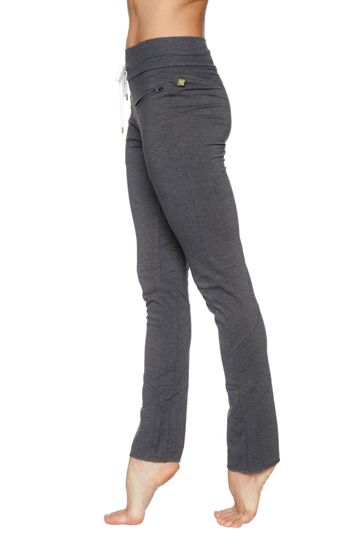 Dark gray high waisted women’s organic boyfriend yoga training pant with white drawstring and green brand tag
