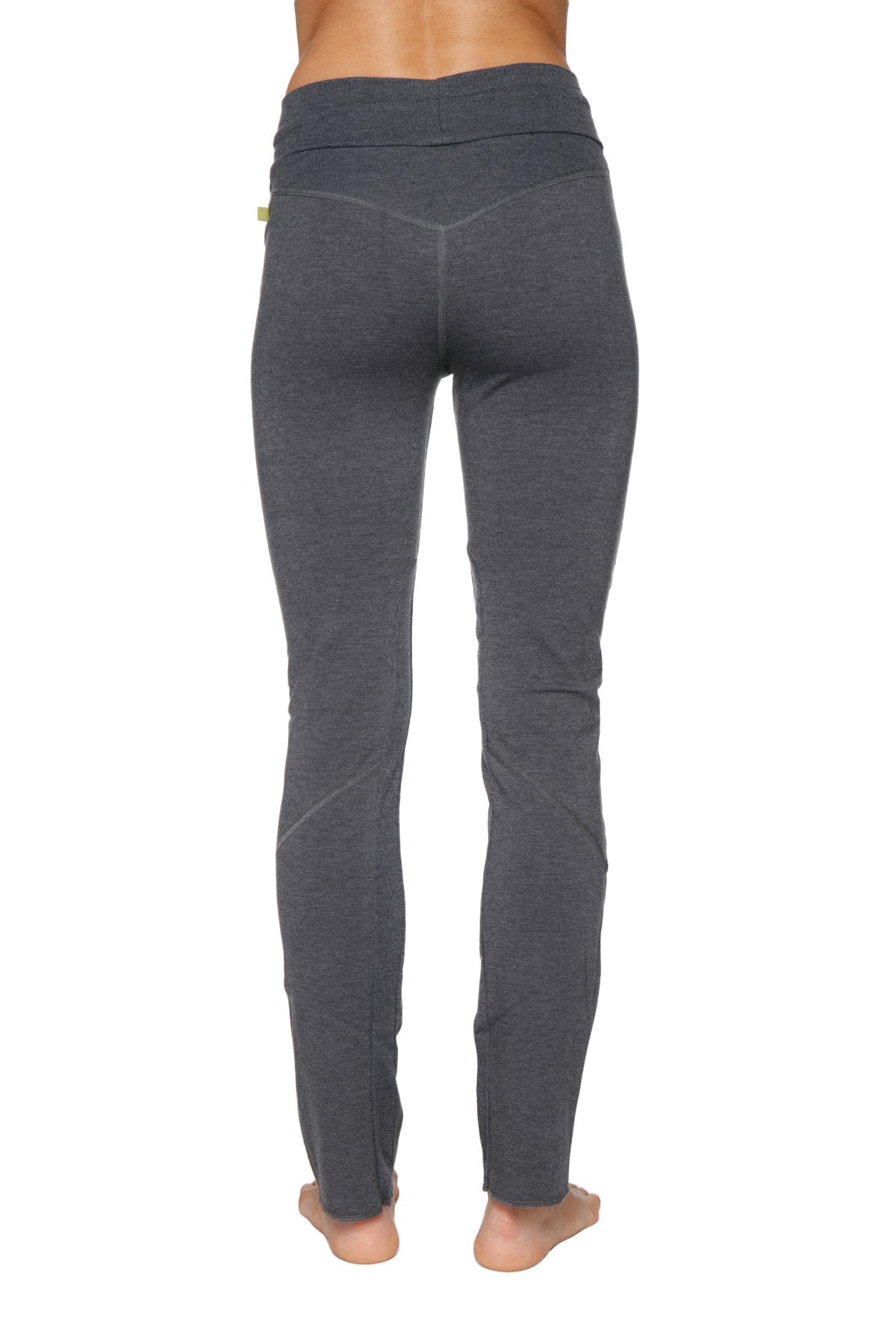 Dark gray high waisted organic boyfriend yoga training pant leggings with heathered texture and side seam detailing