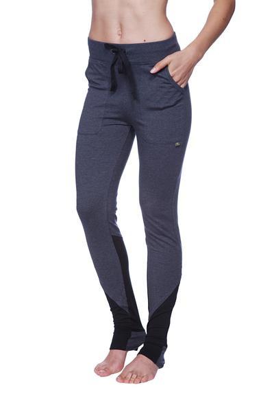 Women’s performance yoga pant in dark gray and black with drawstring waistband side pockets and contrasting thigh panels