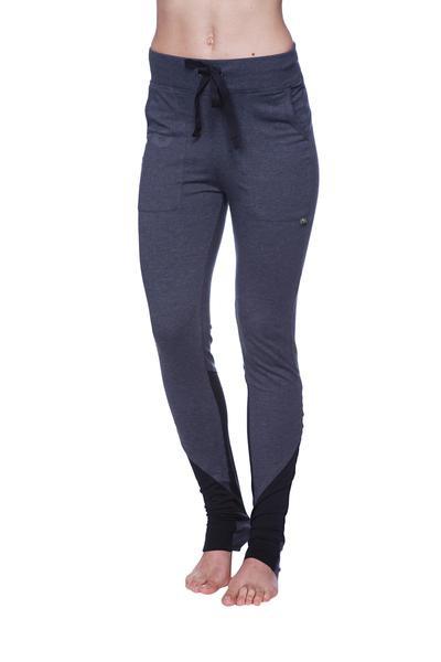 Women’s performance yoga pant featuring dark gray and black athletic leggings with drawstring waistband and side pockets