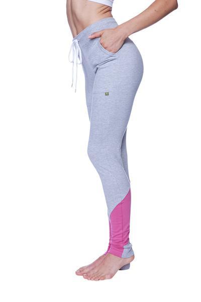 Women’s performance yoga pant in light gray and pink color block with a drawstring waistband for comfort