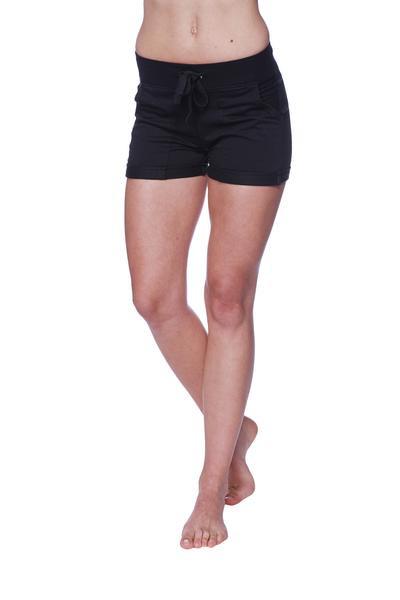 Women’s performance yoga shorts in black with a relaxed fit and side pockets for comfortable activewear use