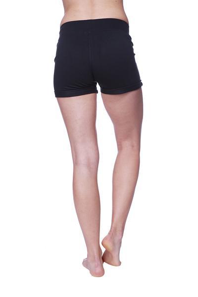 Black women’s performance yoga shorts with smooth fabric and elastic waistband designed for comfort and flexibility