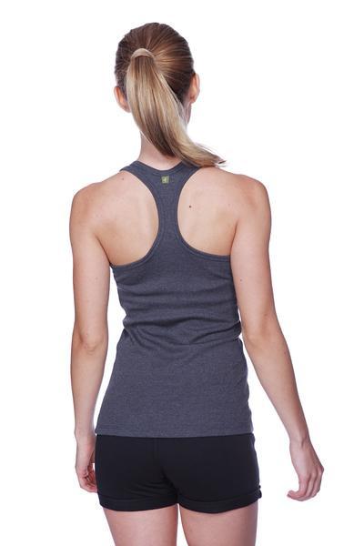 Dark gray racerback tank top with subtle heathered texture and small green logo at neckline for women’s performance yoga shorts