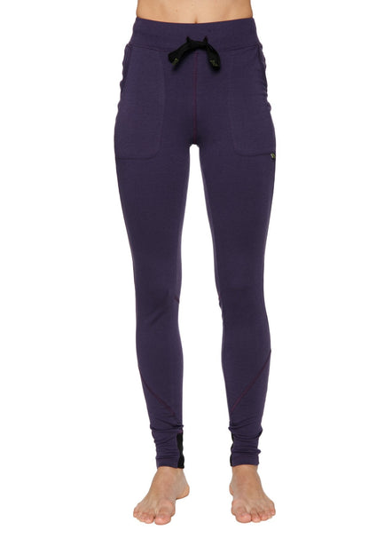 Purple high-waisted straight-leg women’s yoga pant with black drawstring and side pockets for performance use