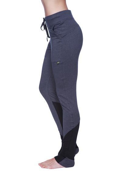 Women’s straight-leg long performance yoga pant in dark gray and black with drawstring waist pockets and reinforced cuffs