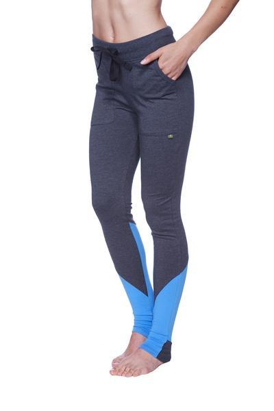 Women’s straight-leg long performance yoga pant in dark gray and bright blue with drawstring waist and side pockets