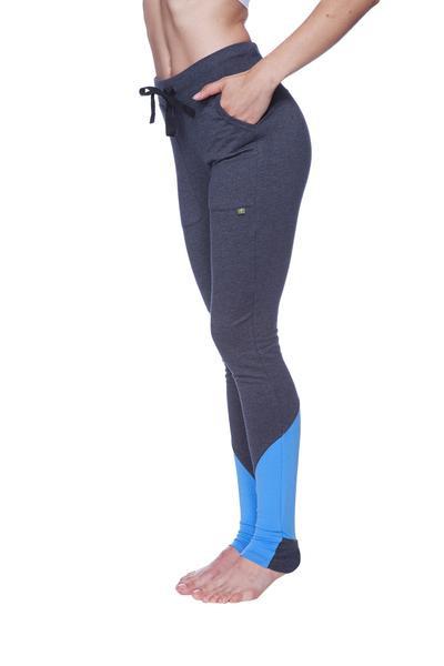 Women’s straight-leg long performance yoga pant in dark gray and bright blue with drawstring waistband