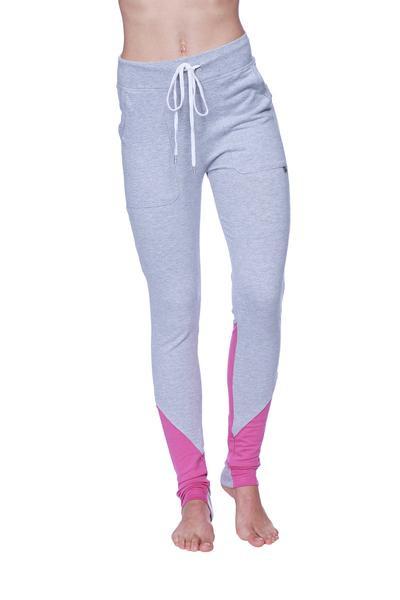 Women’s straight-leg long performance yoga pant in gray and pink with drawstring waistband for athletic use