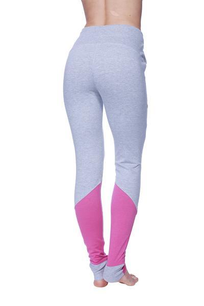 Women’s straight-leg long performance yoga pant in heather gray and bright pink color-blocked leggings with high waistband