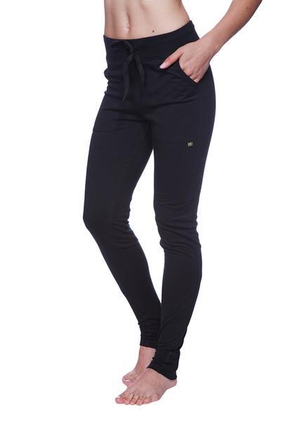 Women’s straight-leg long performance yoga pant in black high-waisted jogger style with drawstring waistband and side pockets