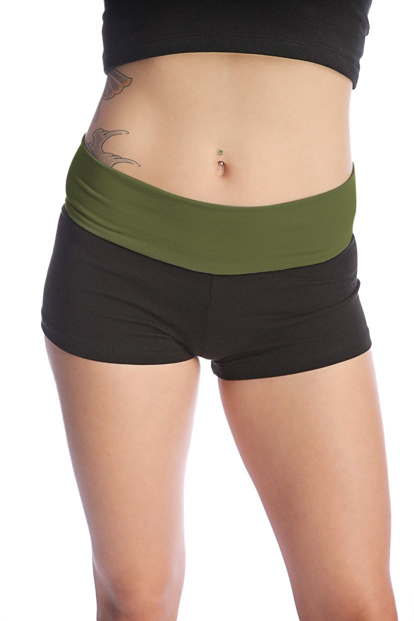 Womens yoga transition short in black with olive green elastic waistband designed for comfortable activewear