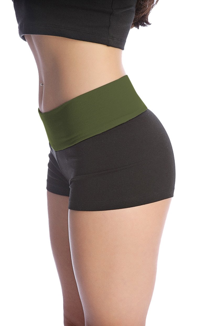 Womens yoga transition short in black and olive green high-waisted design with wide elastic waistband for comfort