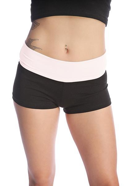Womens yoga transition shorts in black with a wide white elastic waistband for comfortable activewear