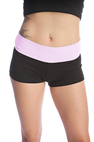 Womens yoga transition short in black athletic fabric with a light pink elastic waistband for comfort and style