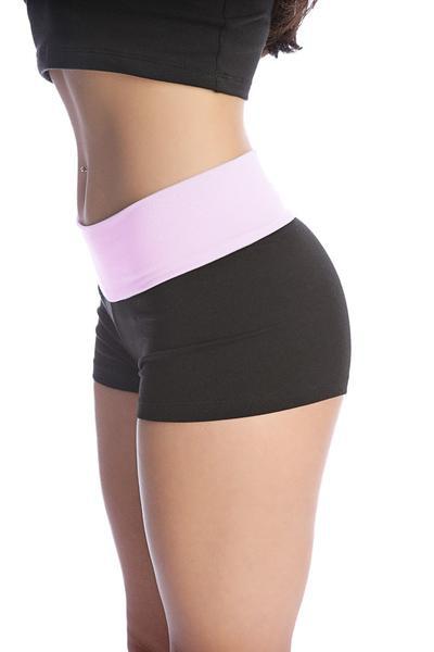 Womens yoga transition shorts in black with a wide light pink elastic waistband for comfortable movement