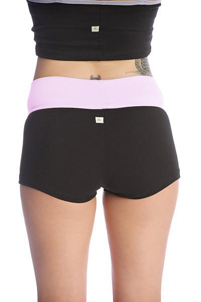 Womens yoga transition shorts in black and light pink with a soft stretchy fabric waistband for comfort