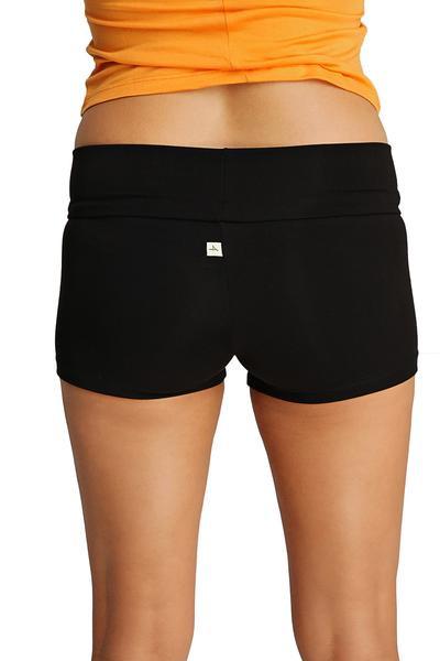 Womens yoga transition short black stretchy fabric with wide waistband and small white logo on the back side