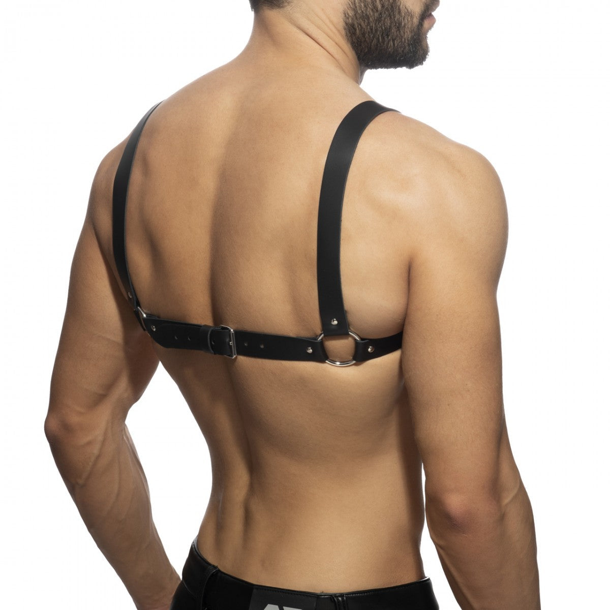 Black leather x-cross leather harness with adjustable straps and metal buckles for secure fit