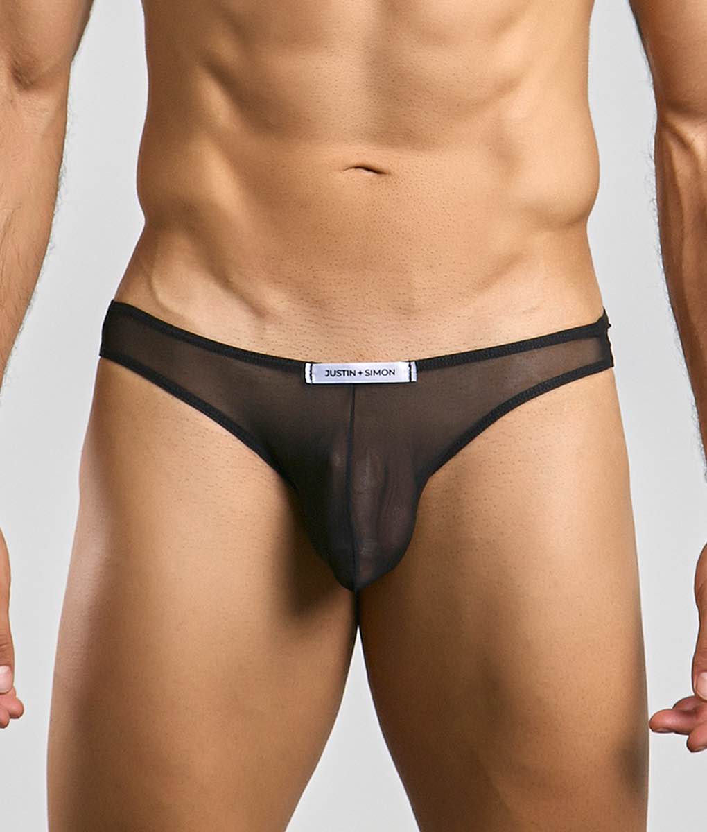 Black sheer mesh briefs with solid black waistband and white justin plus simon label classic mens bikini mesh