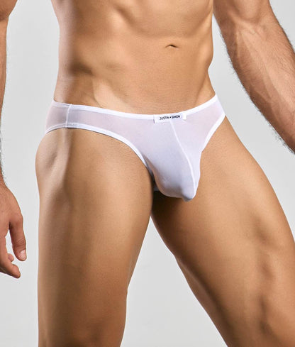 White sheer mesh briefs with branded waistband from justin simon classic mens bikini mesh collection front view