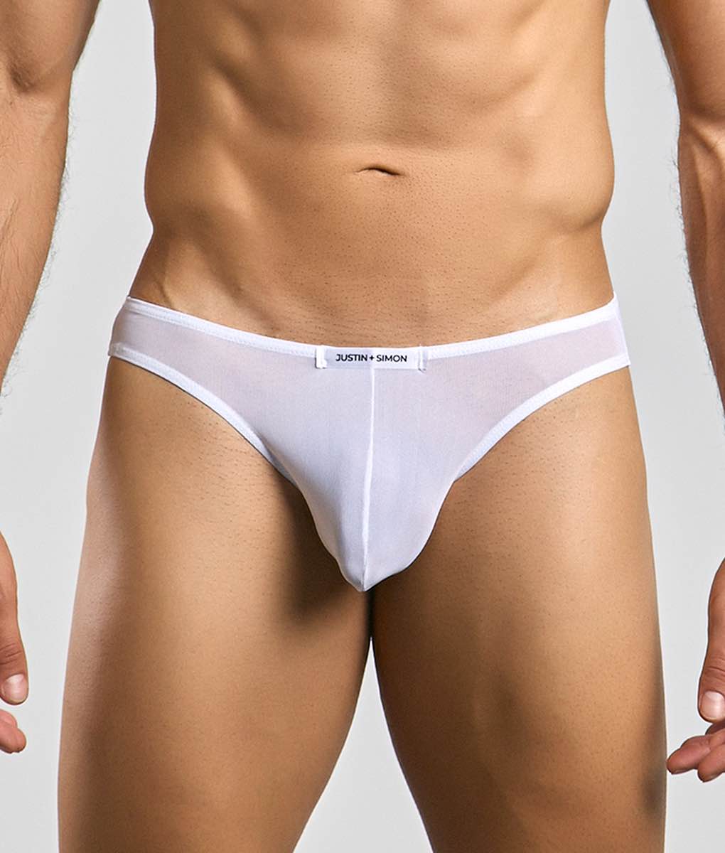 White sheer mesh briefs with white waistband and justin plus simon label from classic mens bikini mesh collection