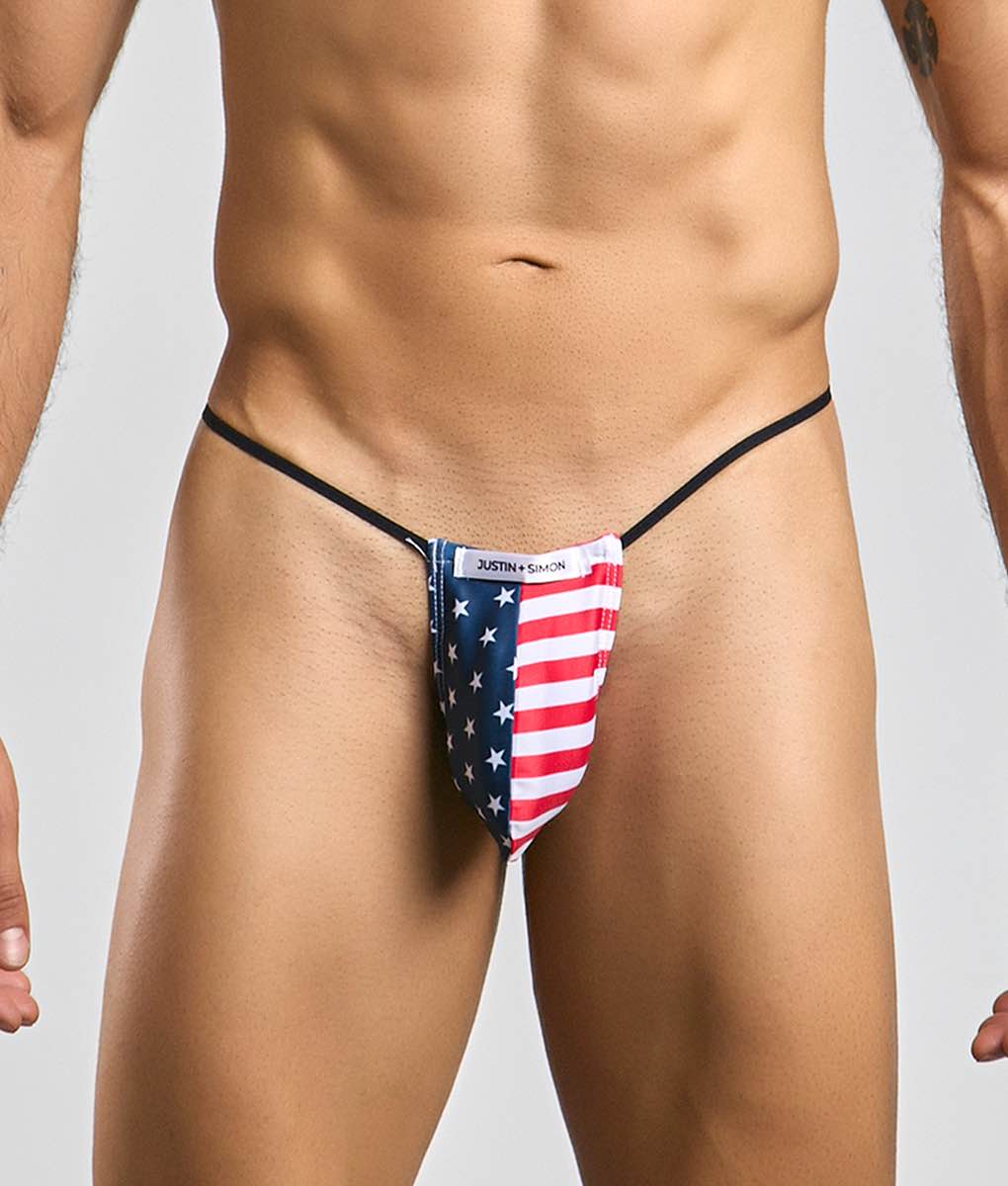 Justin simon classic g-string bulge thong with american flag red white stripes and blue stars on stretchy fabric back view
