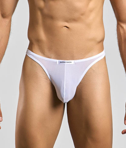 White sheer mesh thong with black justin plus simon label on waistband from justin plus simon classic tanga mesh