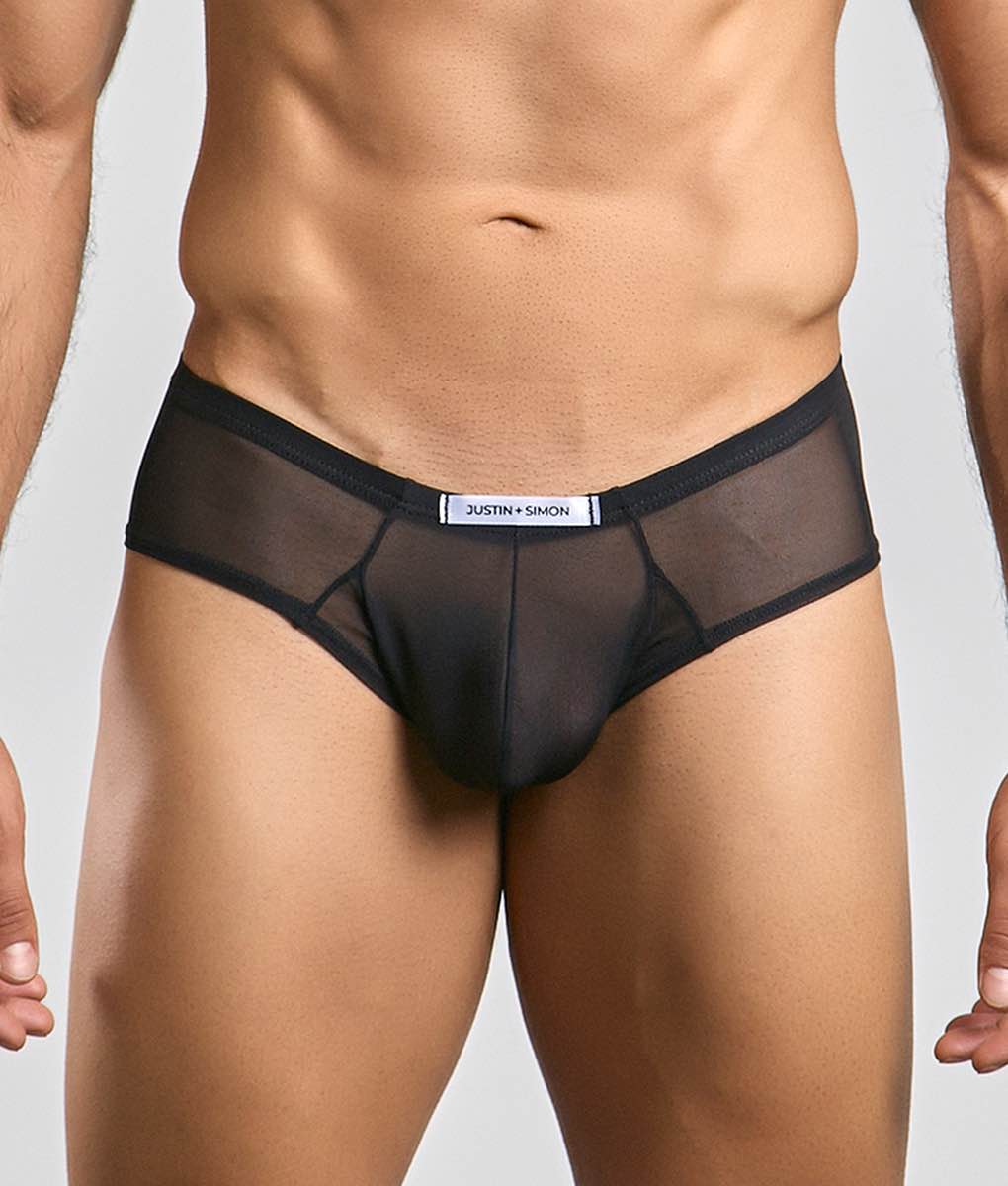 Black sheer mesh briefs with solid waistband and white justin + simon label from the Justin + Simon Cheek Mesh collection